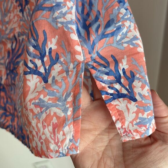 Talbots RUFFLE TRIM SHELL DYNAMIC CORAL Blue Sleeveless Blouse Mandarin Collar L - Picture 8 of 10